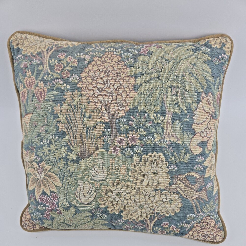 Vintage Floral Jacquard Pillow 15 X 15 Tapestry Light Academia Animal Swan